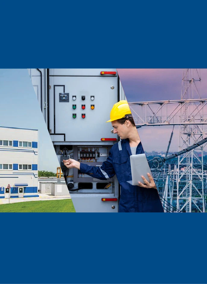 Collage aus Gebäude, Techniker und Hochspannungsnetz.